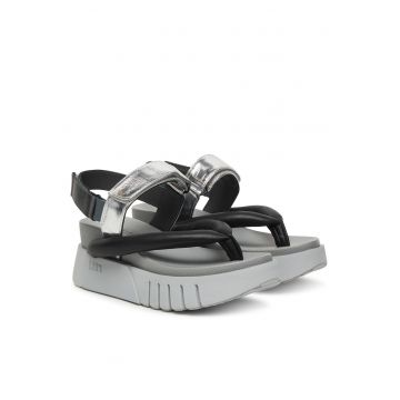 Sandale dama -  piele naturala - gri/negru - sistem inchidere Velcro