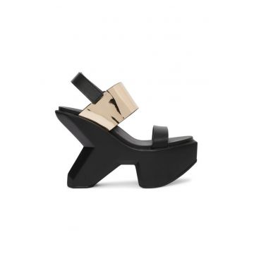 Sandale dama -  piele naturala - negru/auriu - sistem inchidere Velcro