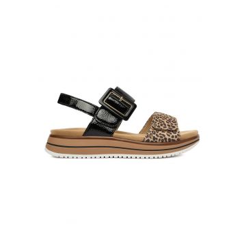 Sandale dama -  piele naturala - negru/maro - sistem inchidere velcro - model leopard