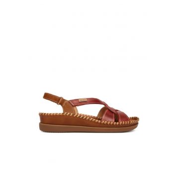 Sandale dama -  piele naturala - rosu/maro - sistem inchidere Velcro