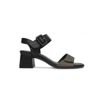 Sandale dama -  piele naturala - toc bloc - negru/bej - cu velcro