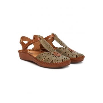 Sandale dama  piele naturala - verde/maro - sistem inchidere Velcro