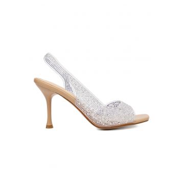 Sandale dama -  stiletto - bej - sintetic/argintiu - cu decoratiuni