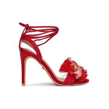 Sandale dama -  stiletto - franjuri si margele - rosu - textil