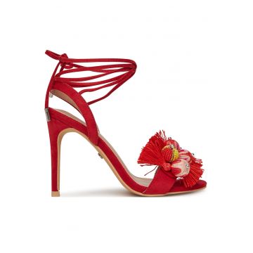 Sandale dama -  stiletto - franjuri si margele - rosu - textil