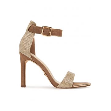 Sandale dama -  stiletto - maro/auriu - textil