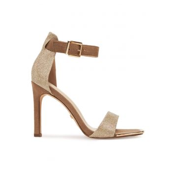 Sandale dama -  stiletto - maro/auriu - textil