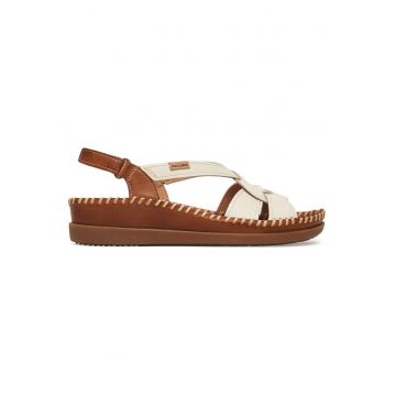 Sandale de dama -  piele naturala - alb/maro - sistem inchidere Velcro