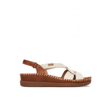 Sandale de dama -  piele naturala - alb/maro - sistem inchidere Velcro