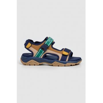 Sandale de piele ecologica si material textil cu velcro - Maro camel/Caramel/Bleumarin