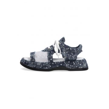 Sandale denim cu garnitura din plasa si paiete