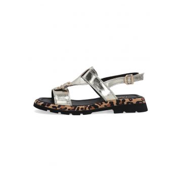 Sandale din piele cu aspect metalizat&animal print