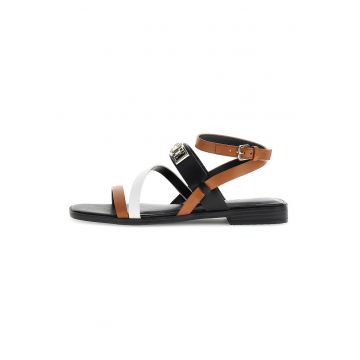 Sandale din piele cu bareta pe glezna - Negru/Maro