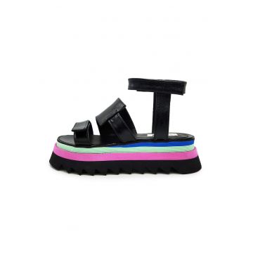 Sandale din piele cu flatforma - Verde/Negru/Roz