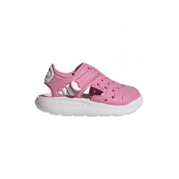 Sandale din piele ecologica cu velcro - Alb/Roz