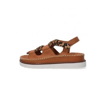 Sandale din piele maro cu imprimeu leopard