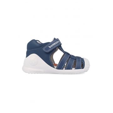 Sandale fisherman din piele cu velcro - Alb optic/Albastru petrol