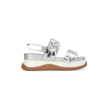 Sandale flatform cu aspect metalizat si velcro - Gri deschis/Caramel/Argintiu