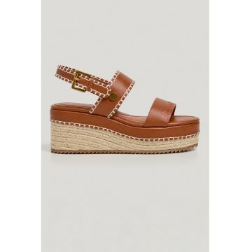Sandale wedge de piele ecologica cu aplicatie de iuta - Alb/Auriu/Maro scortisoara