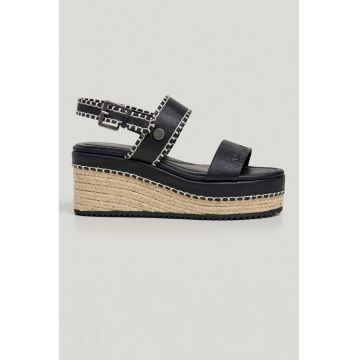 Sandale wedge de piele ecologica cu aplicatie de iuta - Negru/Gri deschis