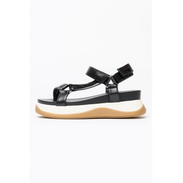 Sandale wedge de piele ecologica - Negru/Caramel/Alb murdar