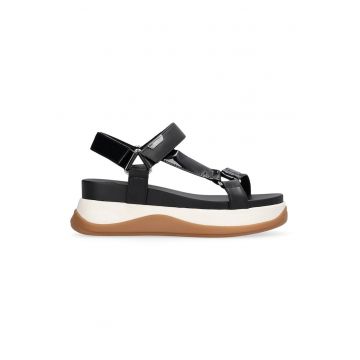 Sandale wedge de piele ecologica - Negru/Caramel/Alb murdar