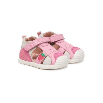 Sandale copii -  piele naturala - roz alb - sistem inchidere Velcro