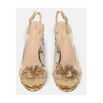 Sandale cu toc decorativ si ornamente florale -