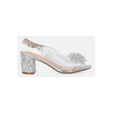 Sandale cu toc si ornament floare din cristale
