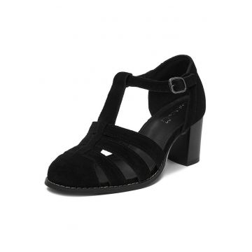 Sandale dama -  piele intoarsa - toc clasic - negru