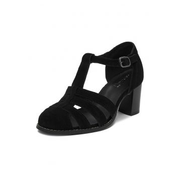 Sandale dama -  piele intoarsa - toc clasic - negru
