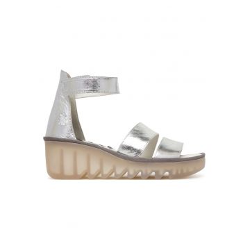 Sandale dama -  piele naturala - argintiu - sistem inchidere Velcro