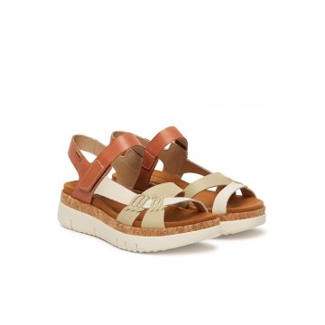 Sandale dama -  piele naturala - bej/maro - sistem inchidere Velcro