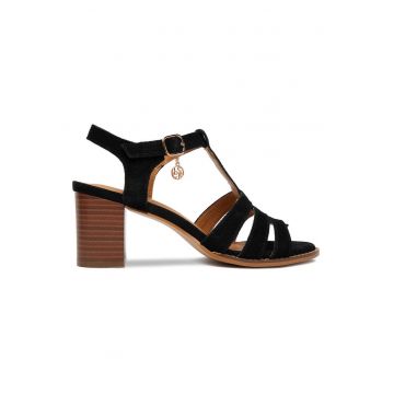 Sandale dama -  piele naturala - negru/maro - toc clasic