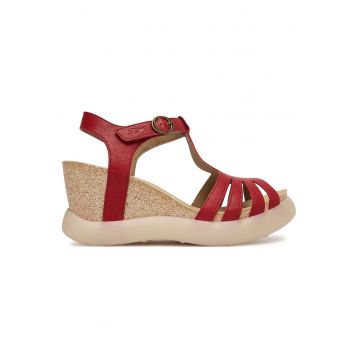 Sandale dama -  piele naturala - rosu/bej - sistem inchidere Velcro