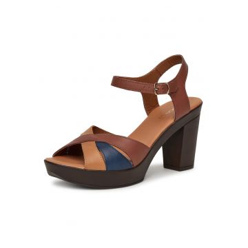 Sandale dama -  piele naturala - toc clasic - maro/albastru