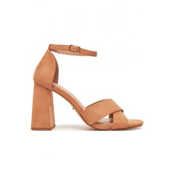 Sandale de dama  toc bloc - bej - material sintetic