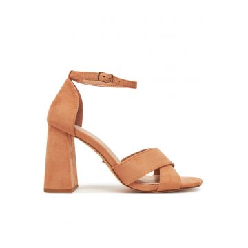 Sandale de dama  toc bloc - bej - material sintetic