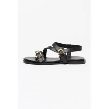 Sandale de piele cu barete multiple si catarame - Negru