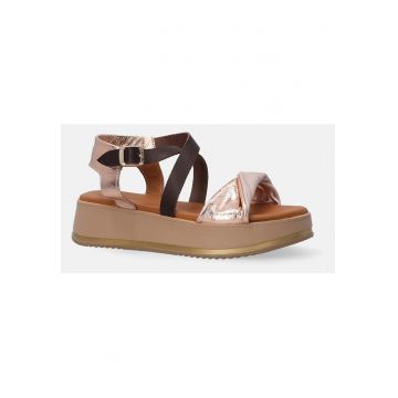 Sandale din piele cu talpa wedge si garnituri cu aspect metalizat