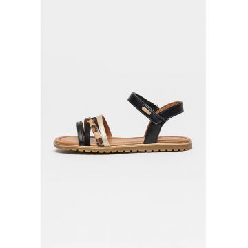 Sandale din piele ecologica cu barete multiple - Negru/Maro nisip