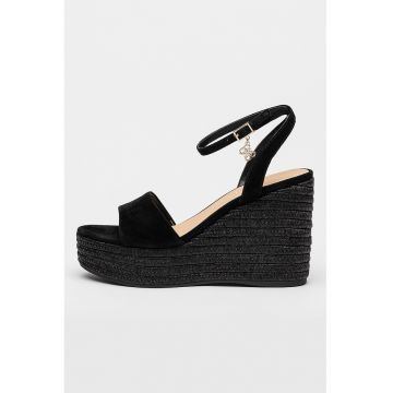 Sandale din piele intoarsa cu talpa wedge - Negru