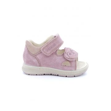 Sandale din piele intoarsa si material textil cu inchidere velcro - Roz pastel