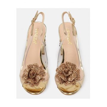 Sandale trasparente cu toc masiv si decoratiuni florale