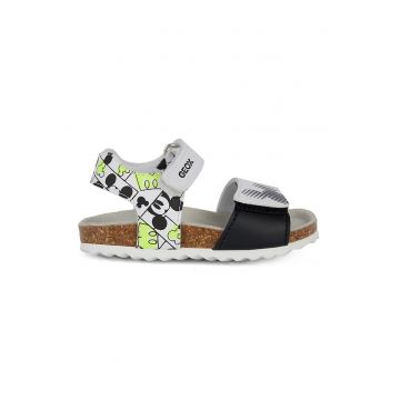 Sandale cu inchidere velcro si model Mickey Mouse - Alb/Negru/Verde neon