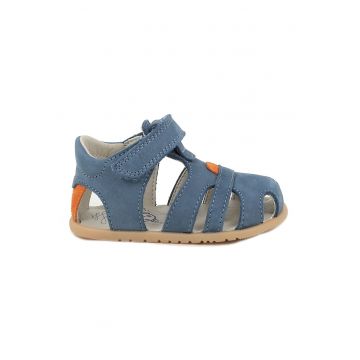 Sandale cu talpa plata si inchidere velcro - Albastru prafuit/Portocaliu mandarina