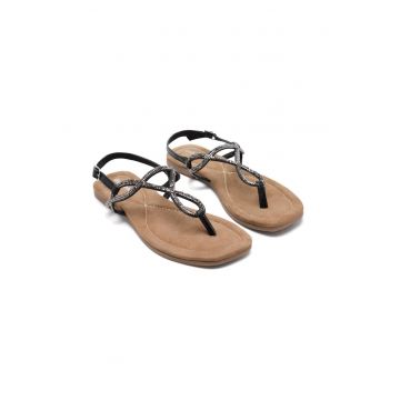 Sandale cu talpa plata - strasuri si catarama - Negru
