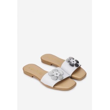 Sandale dama albe din piele naturala cu ornament model tip papuc