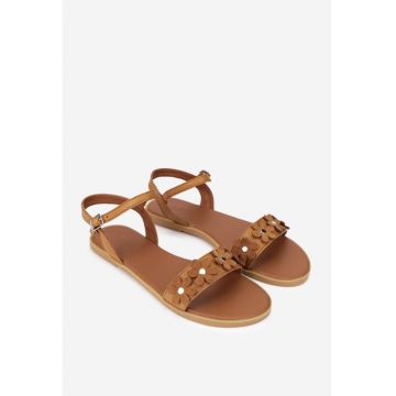 Sandale dama din piele texturata maro cu ornament flori