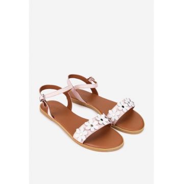 Sandale dama din piele texturata roz pudra cu ornament flori